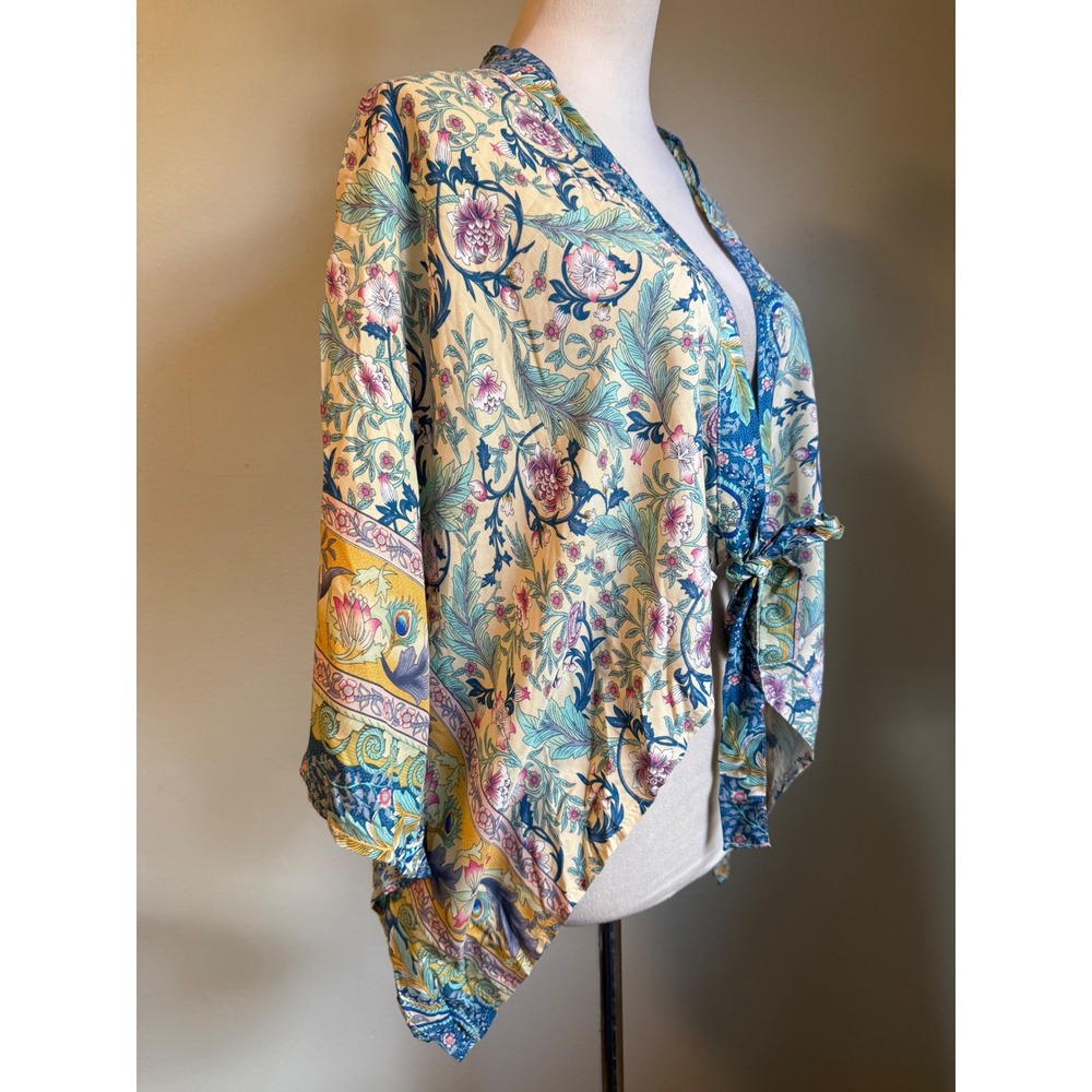 Floral Paisley tie top kimono‎ Yellow Blue One Size boho whimsi flowy crop shirt